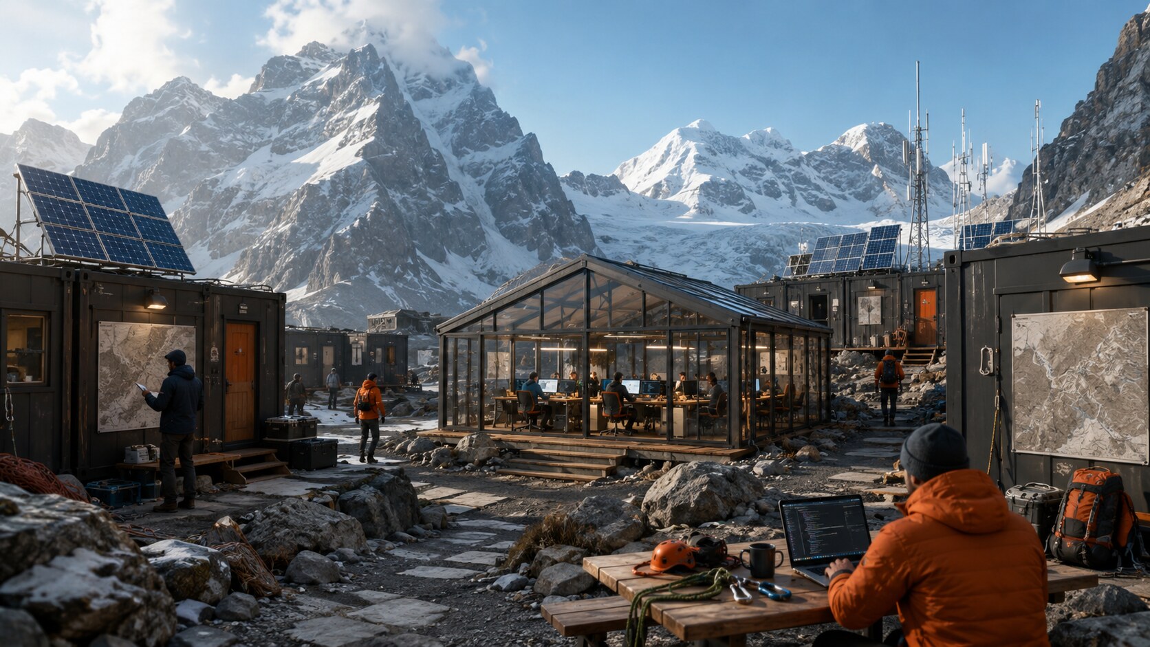 A modular software-development basecamp beneath alpine peaks