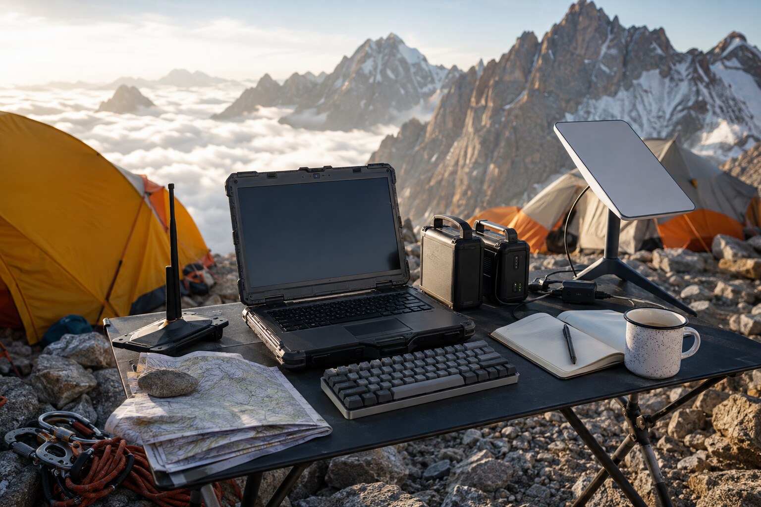 A portable developer workstation at a mountain expedition camp