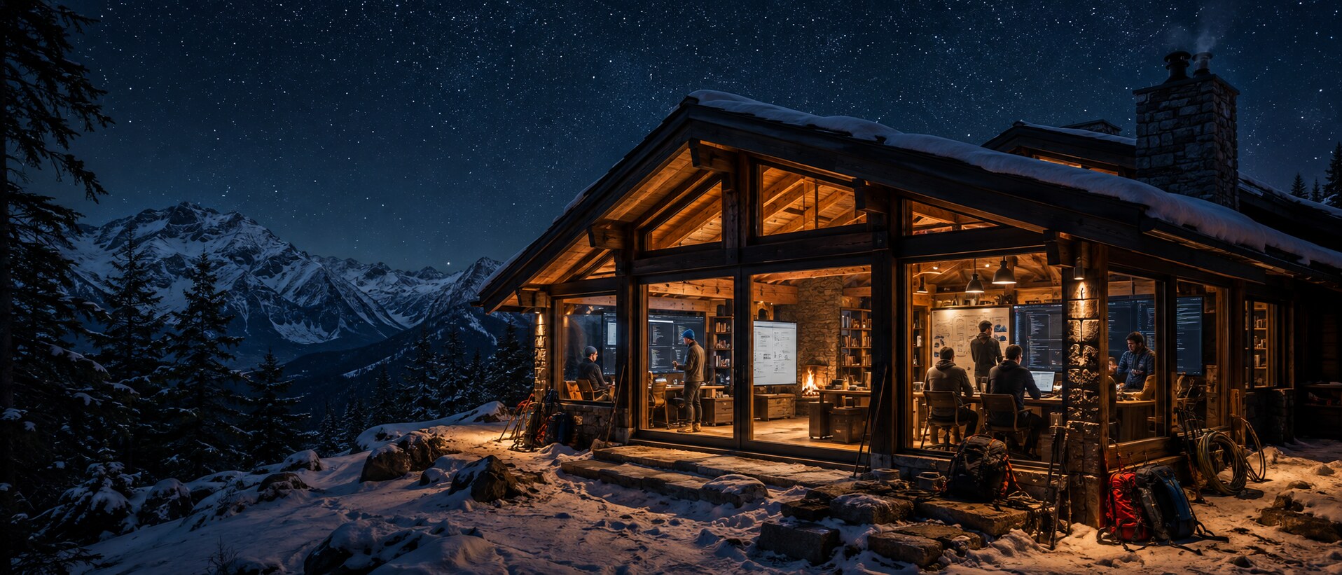 A remote mountain coding lodge glowing at night